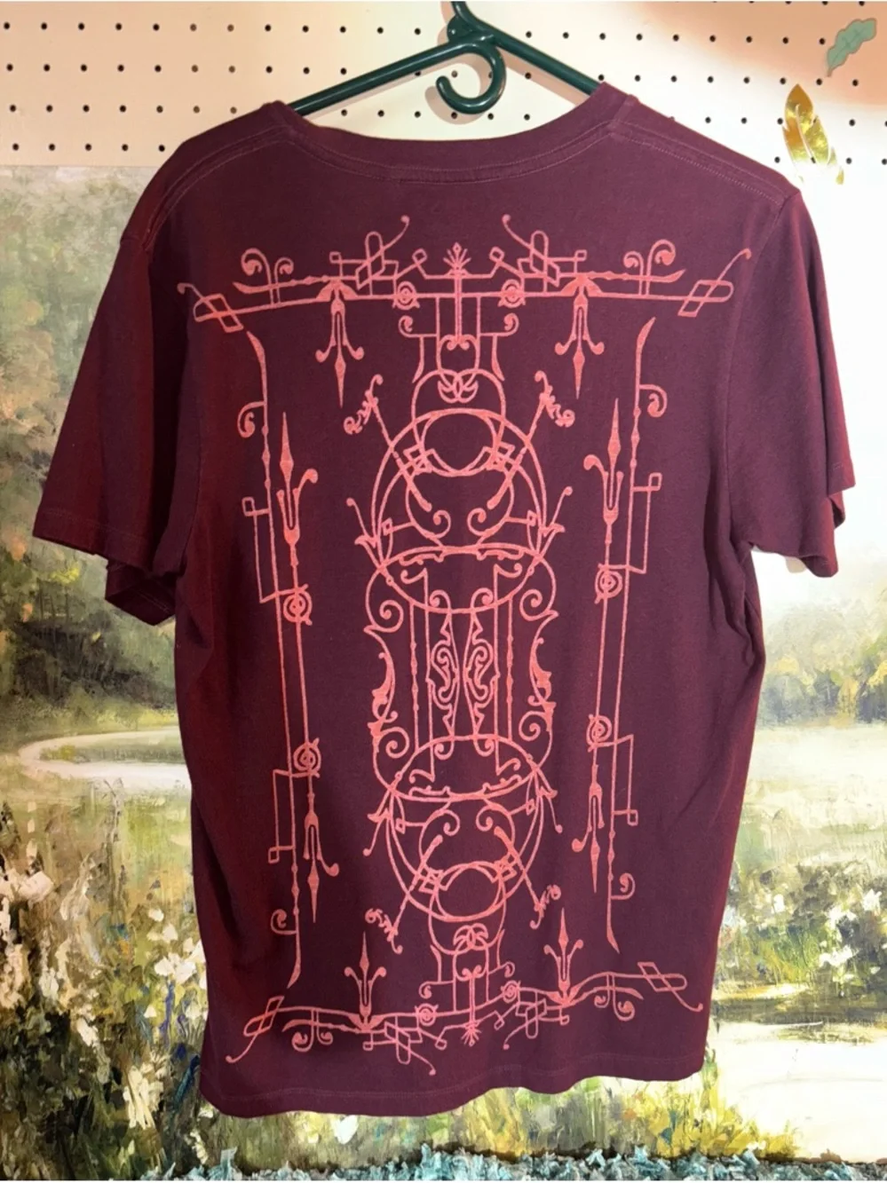 GUESS Men’s Burgundy Short Sleeve V-Neck Tee with Pink Graphic - Picture 2 of 3